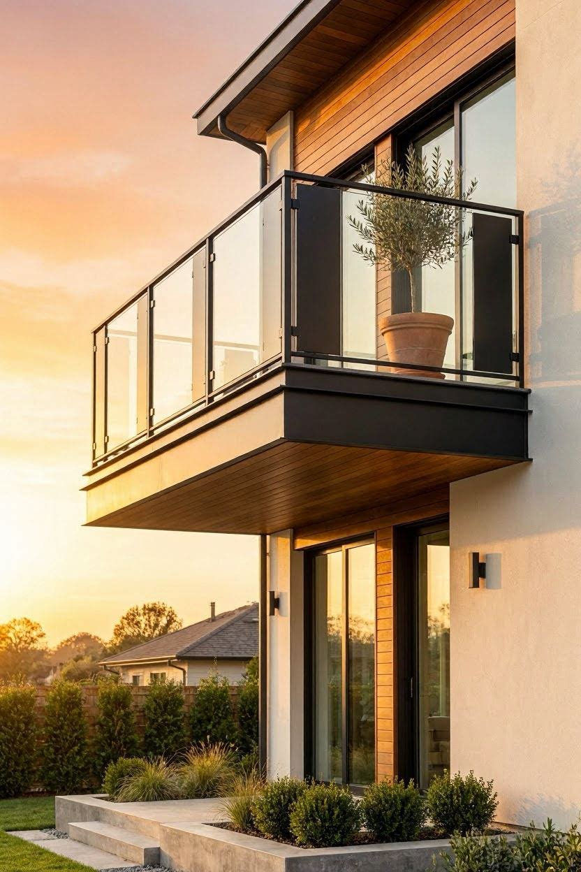 Mixed glass and steel panel balcony railing on luxury modern home exterior