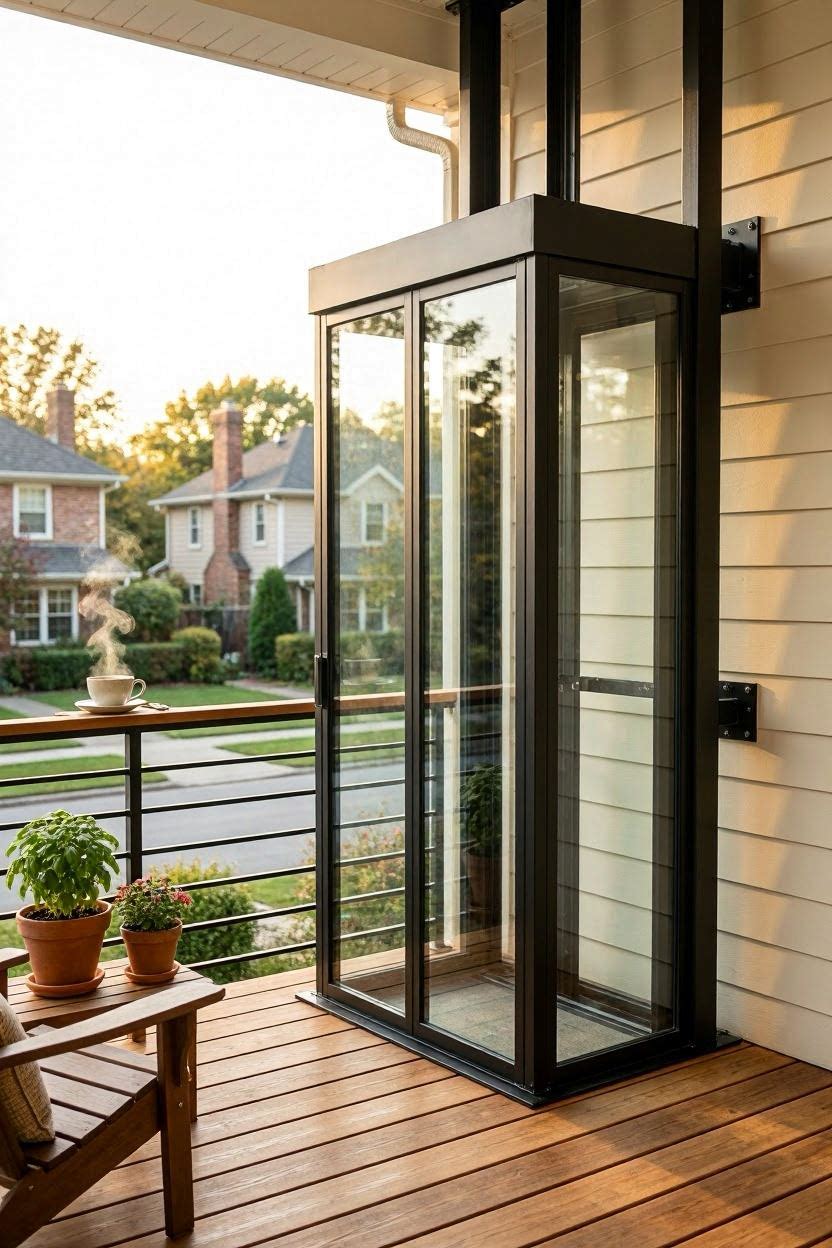 Modern balcony elevator design with glass platform and warm wood accents
