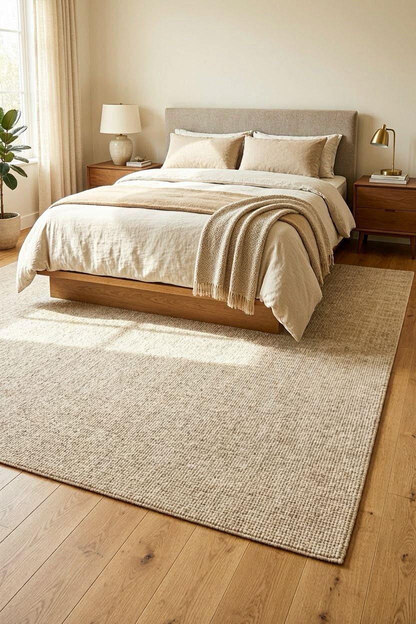 Large area rug in warm oatmeal tone under a modern platform bed in a bright bedroom