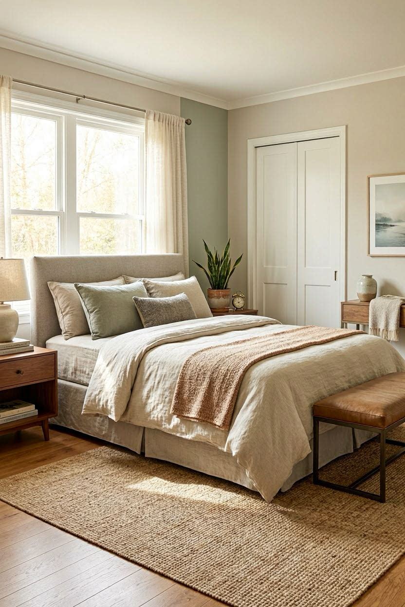 Modern bedroom color palette with warm whites, greiges and soft sage green on walls