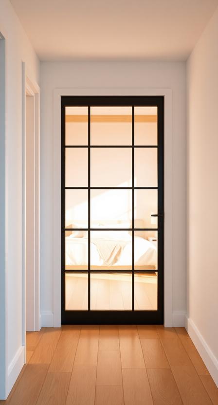 Modern bedroom with a sleek black-framed frosted glass panel door in a bright minimalist room