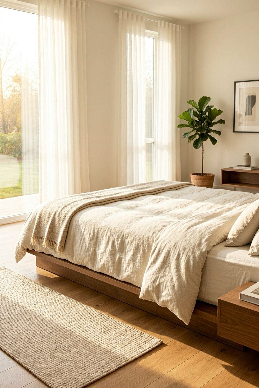 Modern bedroom interior design with neutral tones, layered bedding and warm lighting in a USA home