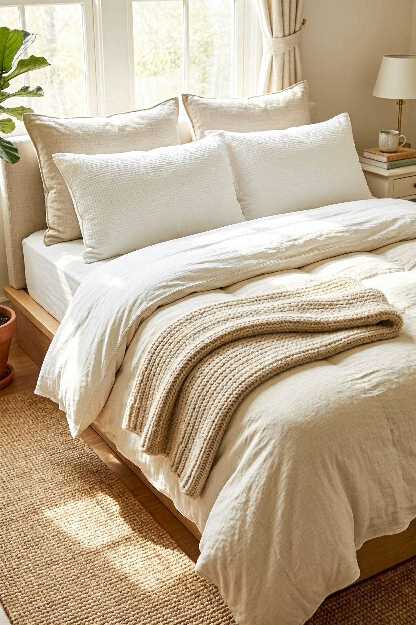 Layered white and cream bedding with textured throw on a modern platform bed