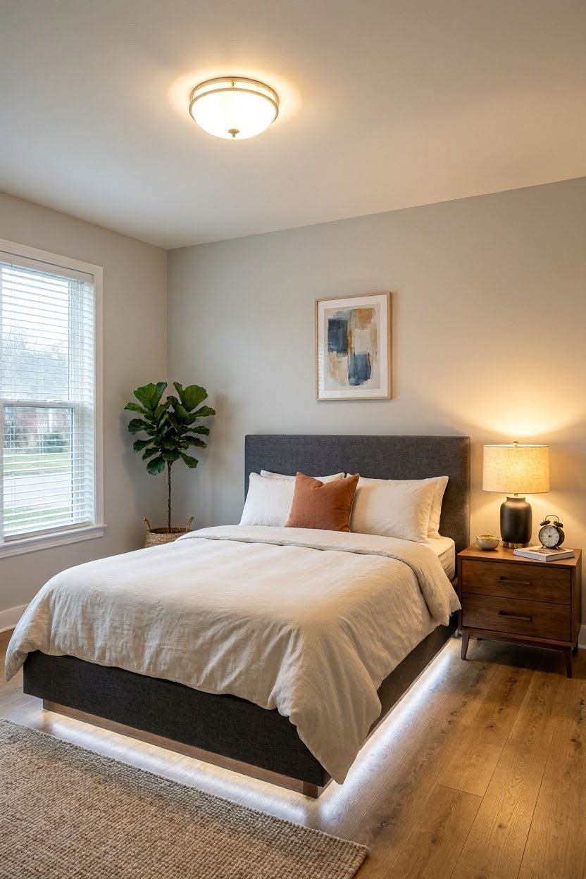 Modern bedroom with layered lighting — ceiling pendant, bedside table lamp and LED strip under bed frame