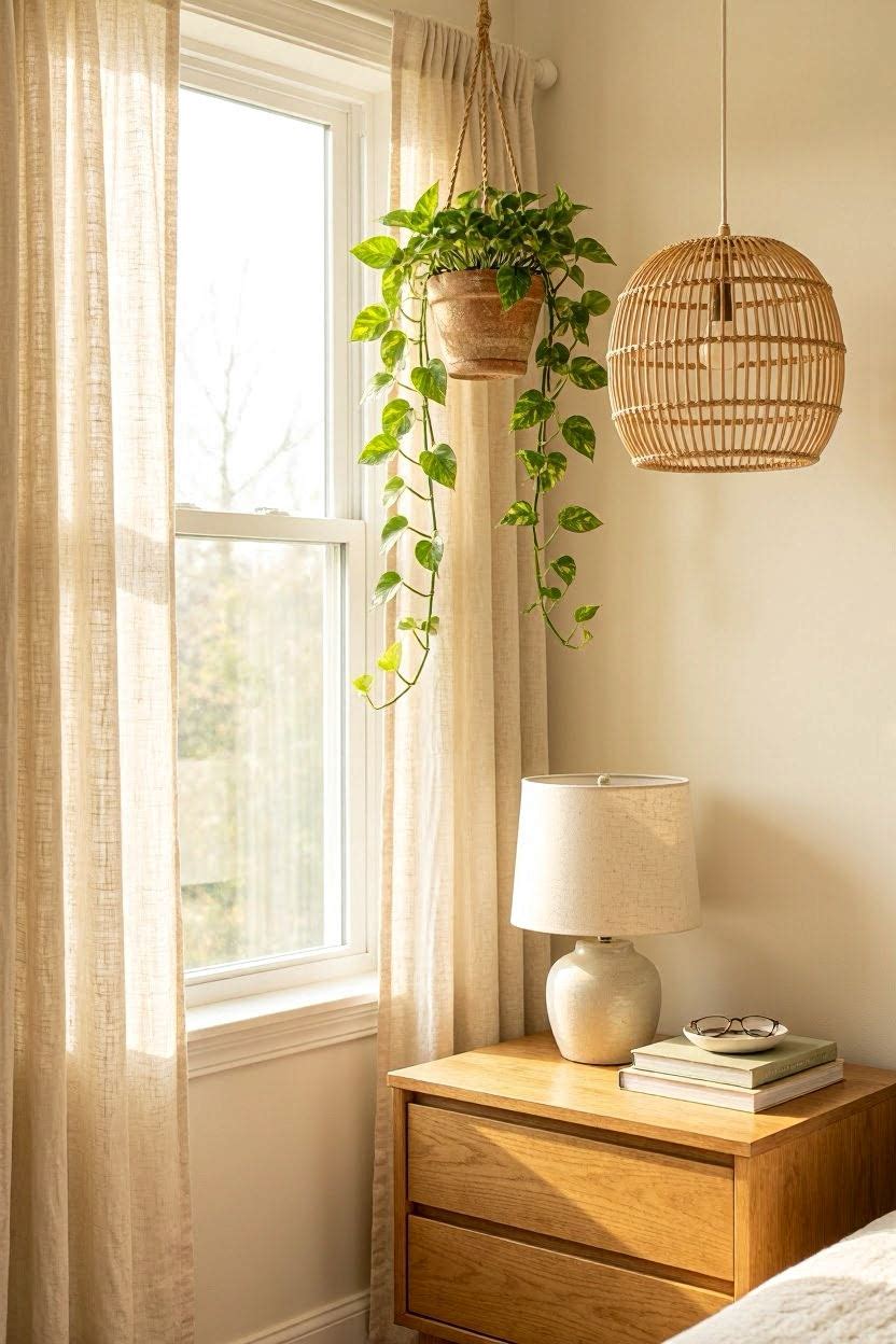 Modern bedroom with natural wood nightstand, rattan pendant light and indoor plant by the window