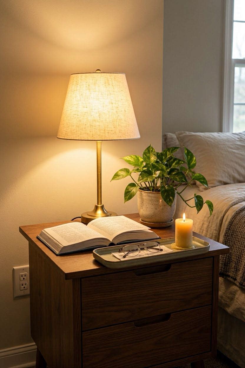 Modern bedroom nightstand styled with lamp, small plant, book and ceramic tray — cozy lifestyle vignette
