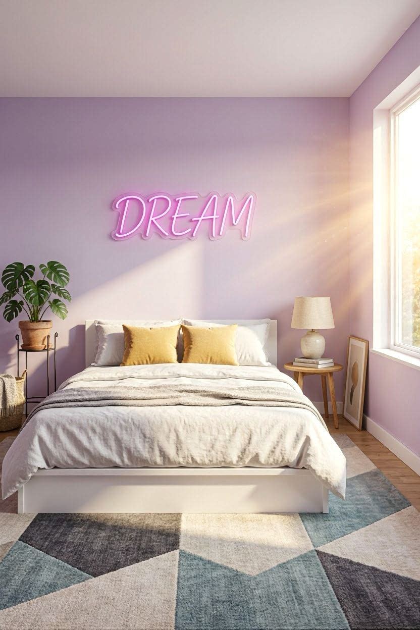 Modern bedroom with pop design accents, pastel walls, neon lighting and plush bedding