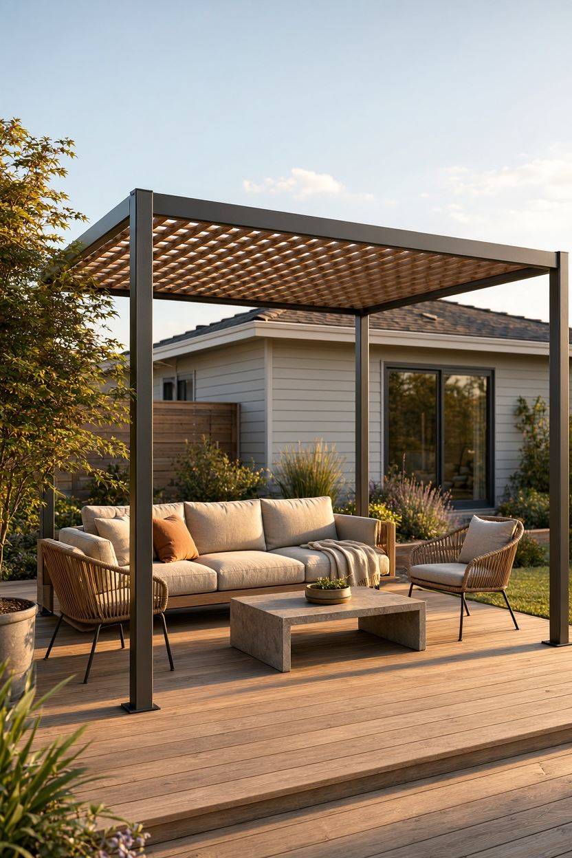 Modern pergola with trellis roof over a backyard patio seating area