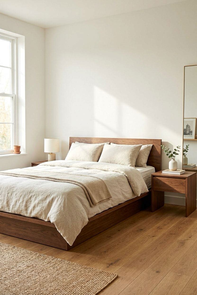 Modern platform bed frame in walnut wood finish in a clean minimal bedroom