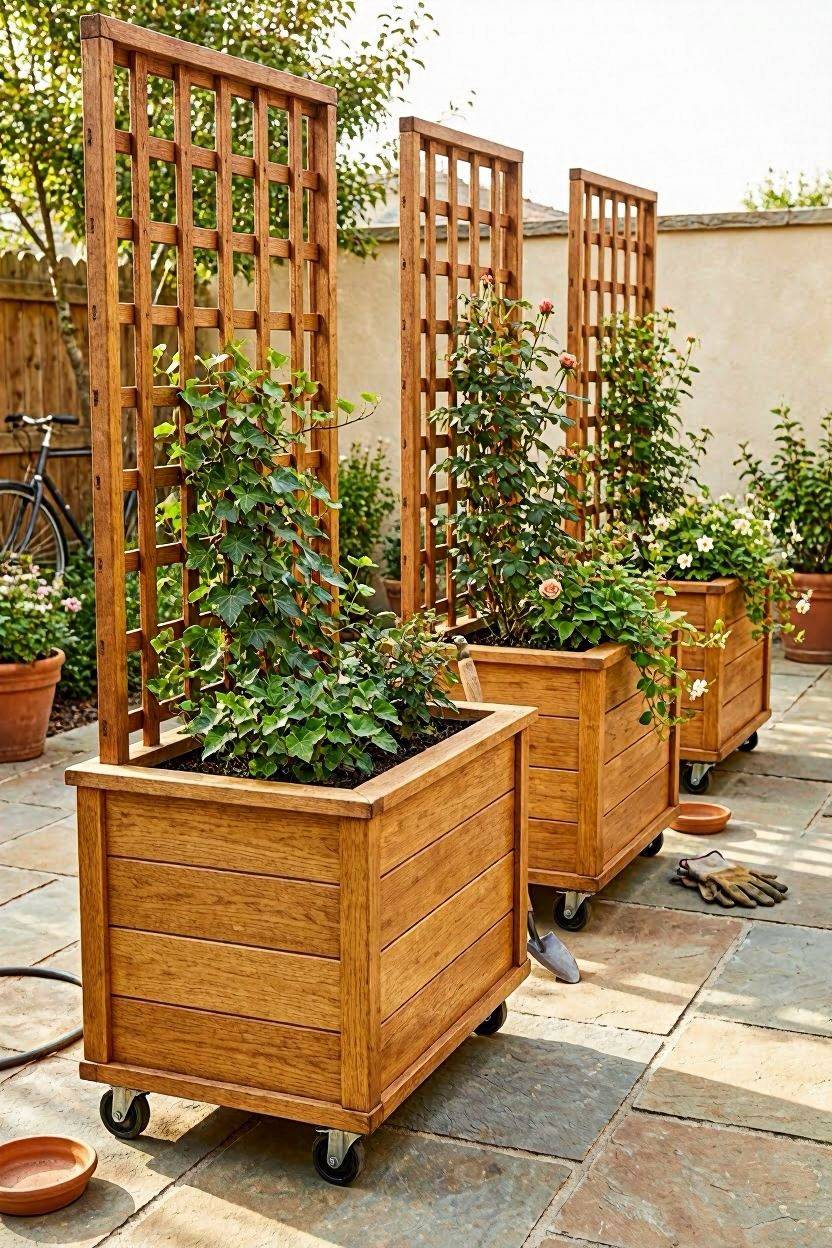 Modular planter box trellis on wheels for patio privacy