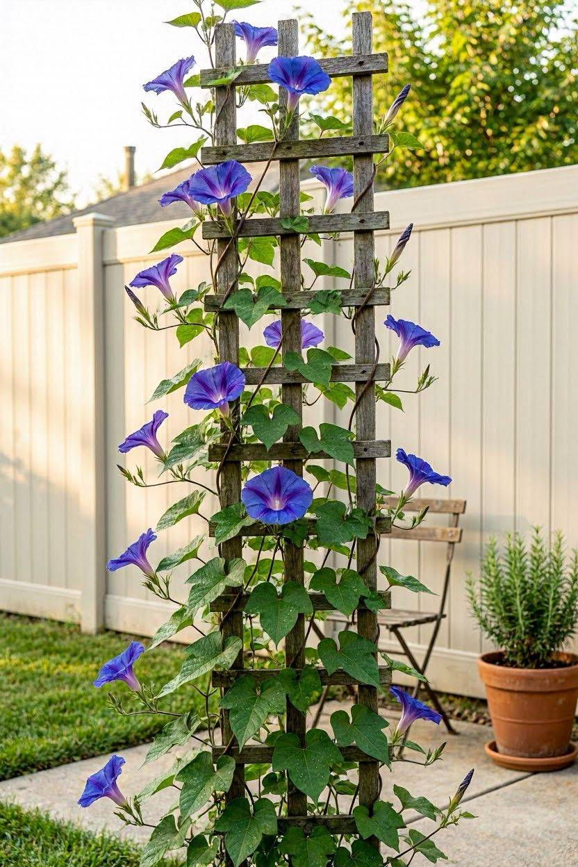 Morning glory vine climbing a simple garden trellis