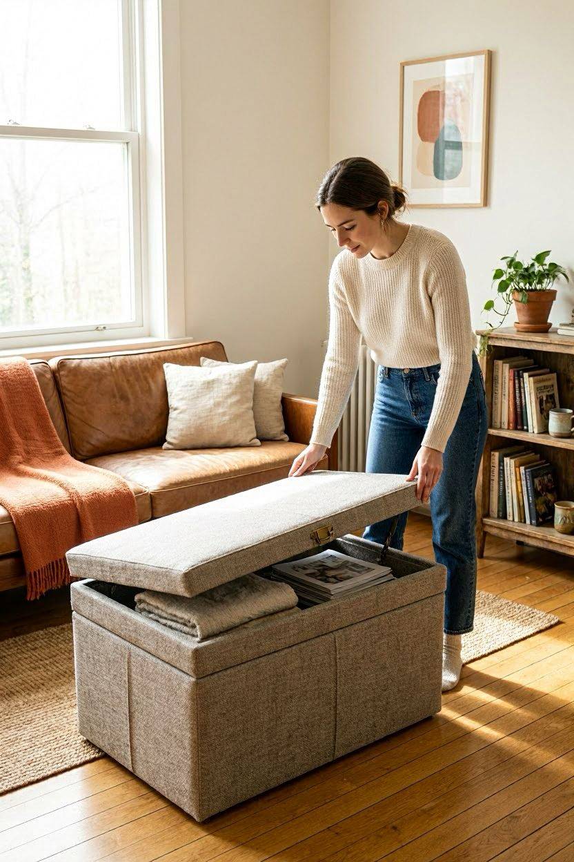 Multi-functional storage ottoman used as coffee table in small living room