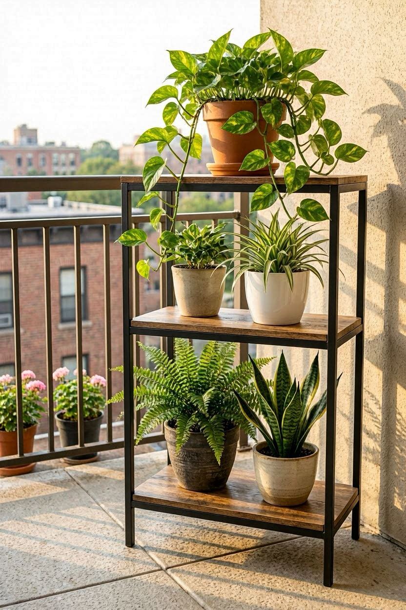 Multi-tier rustic wood and black metal plant stand holding five potted plants on a small apartment balcony