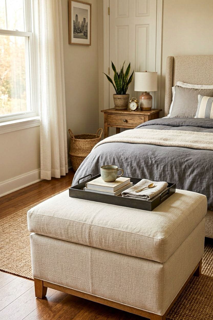 Small bedroom with ottoman bench at foot of bed doubling as storage in a cozy USA apartment