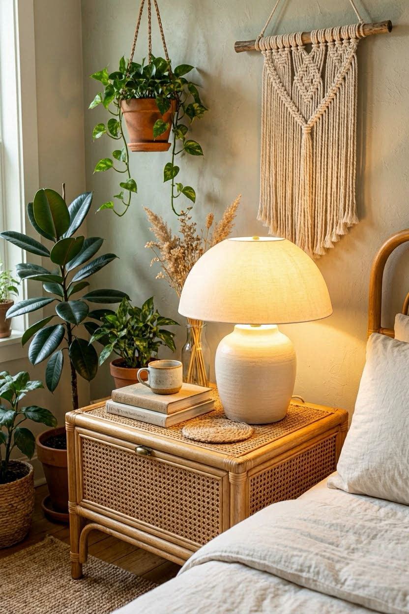 Retro mushroom table lamp glowing softly on a bedside table in a boho bedroom