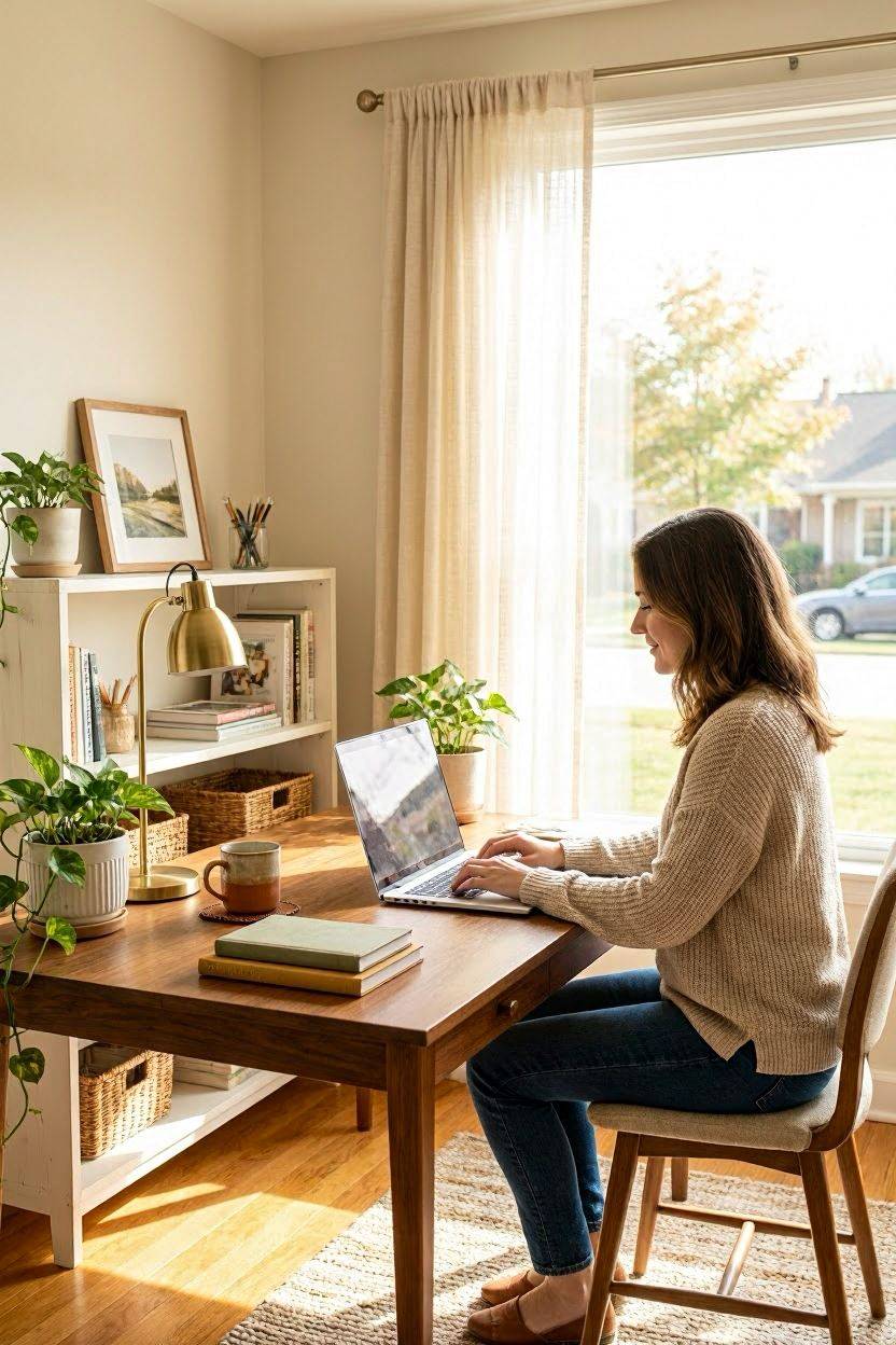 Home office desk placed beside a bright window for natural light