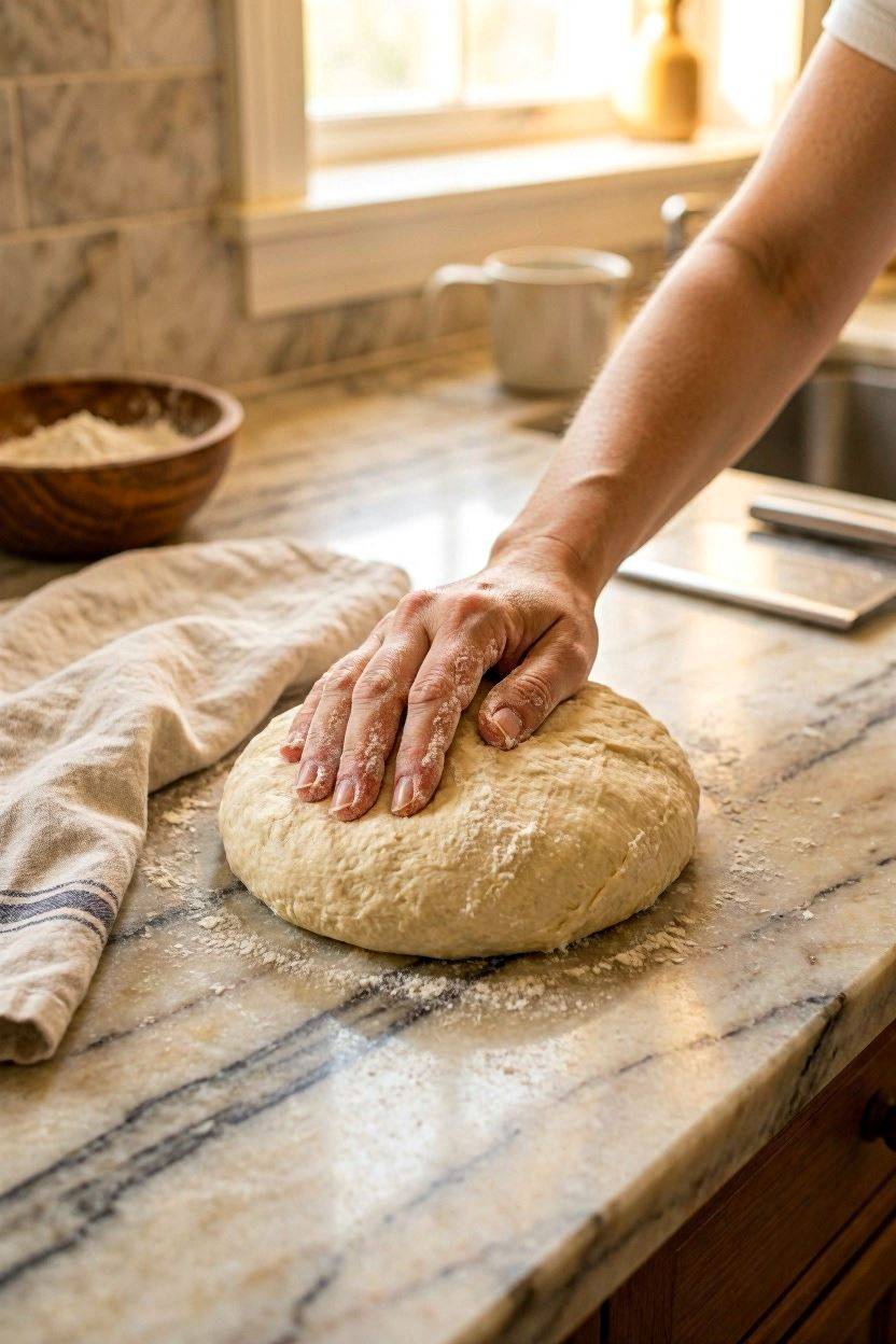 Natural stone countertop with visible veining in a rustic kitchen