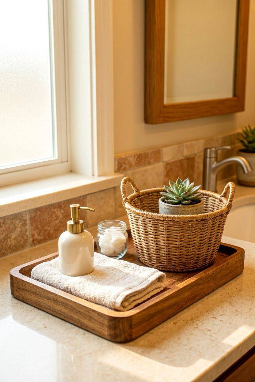 Rattan basket and wood tray adding natural texture to bathroom counter