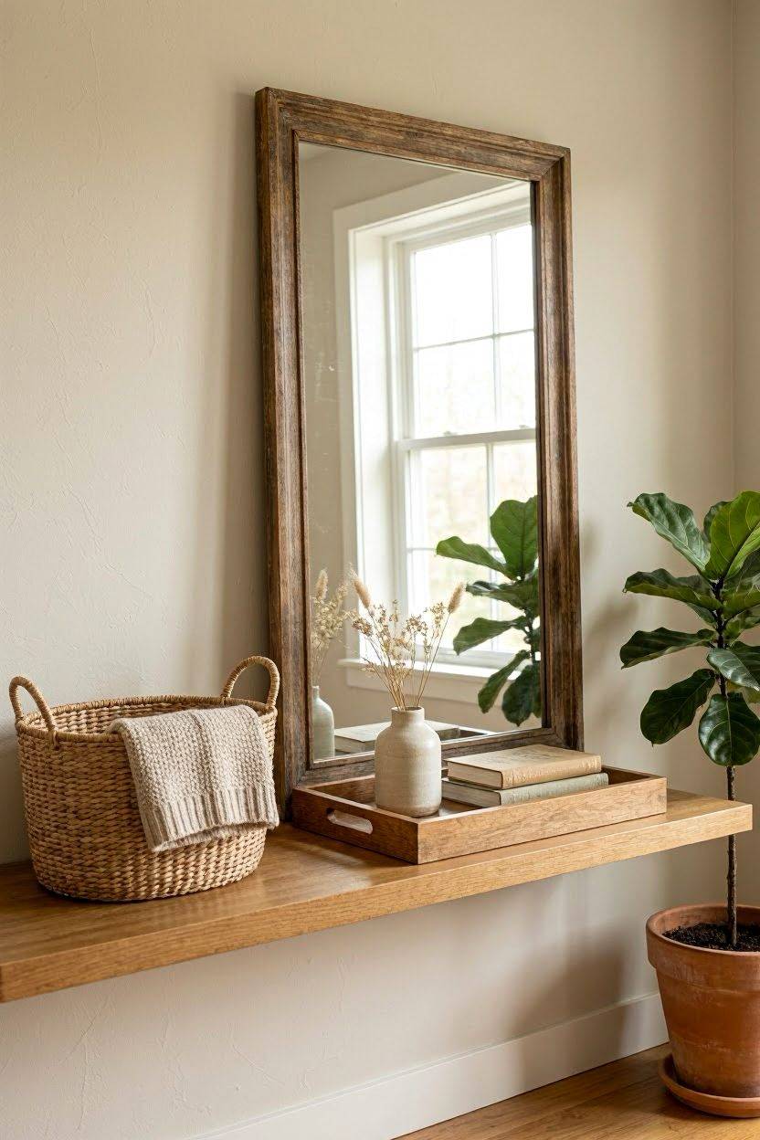 Natural wood tray, shelf, and rattan basket accents in a cozy room