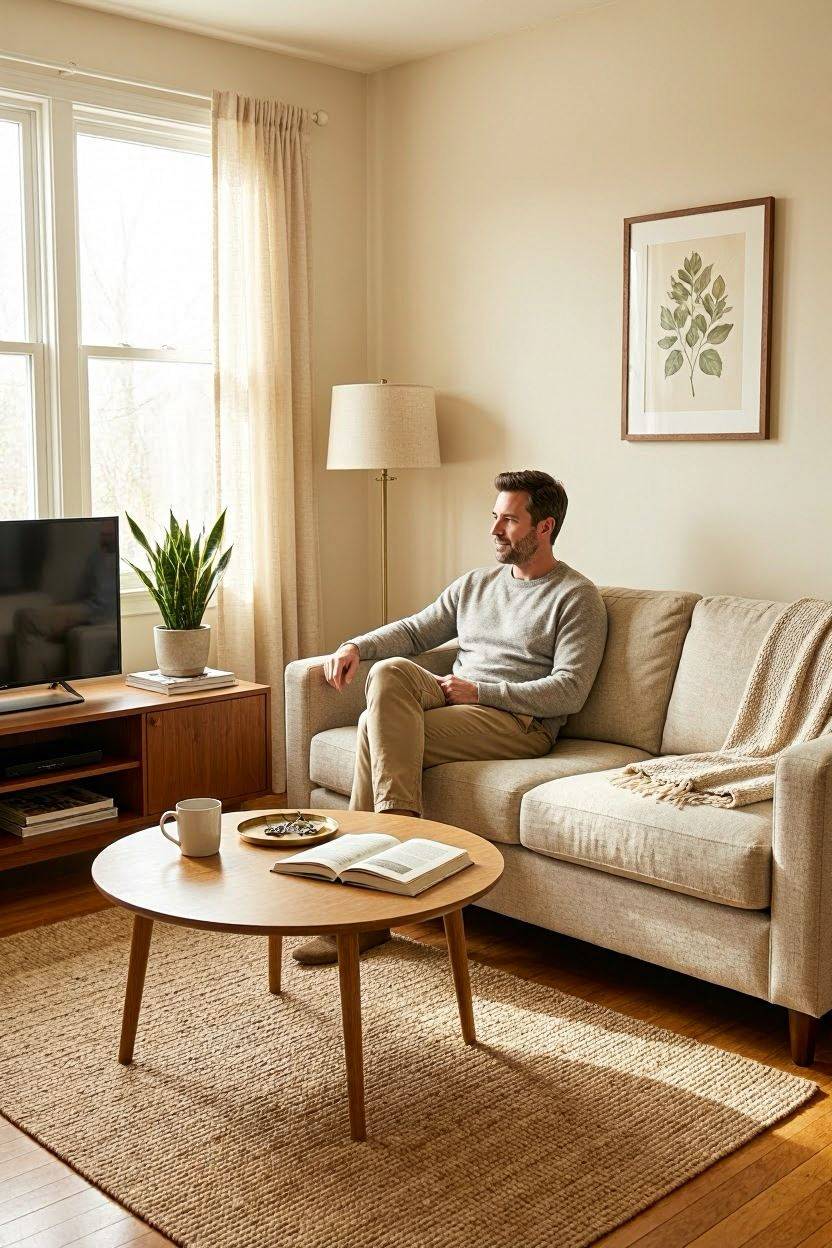 Light beige and cream color palette in a small apartment living room