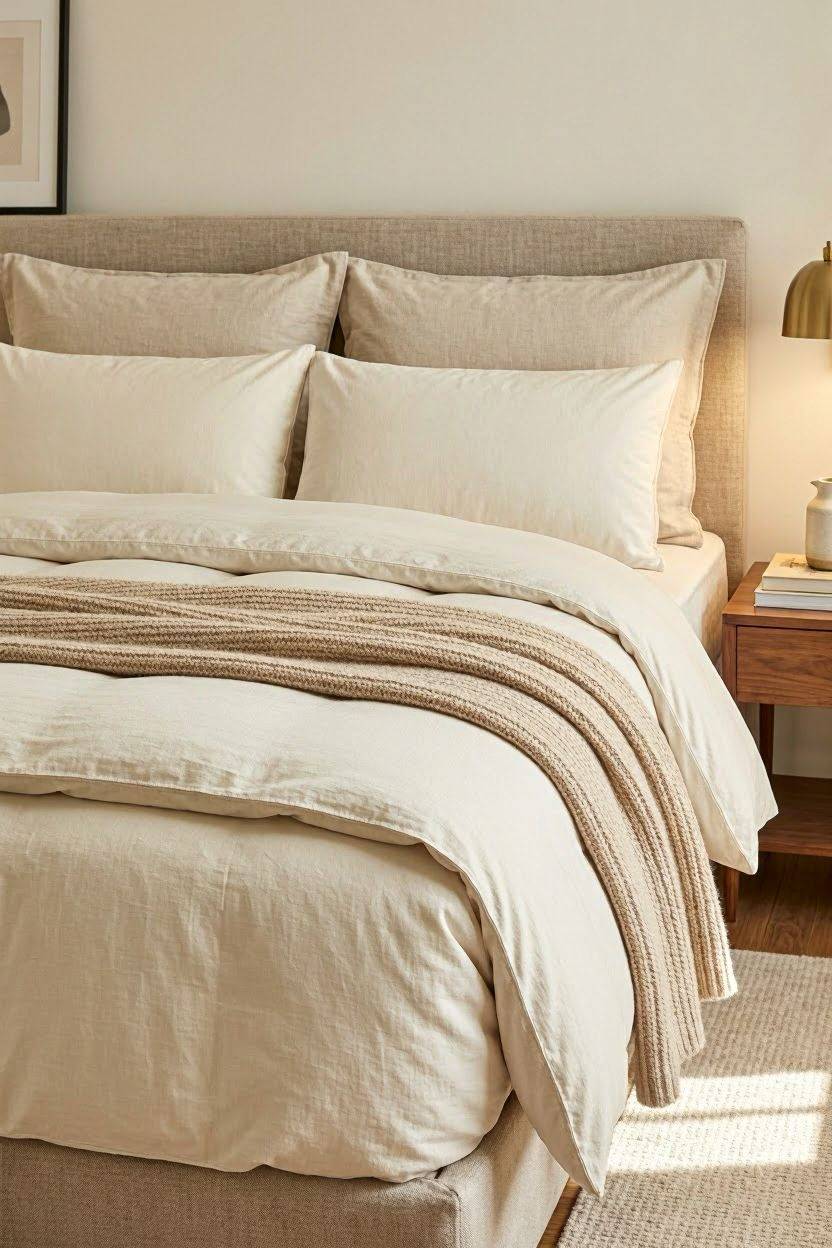 Neutral layered dorm bedding in ivory and oatmeal tones for a hotel-style look