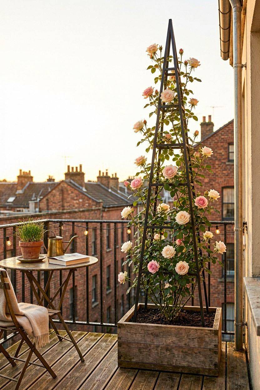 Tall metal obelisk trellis standing in a corner planter on a small balcony