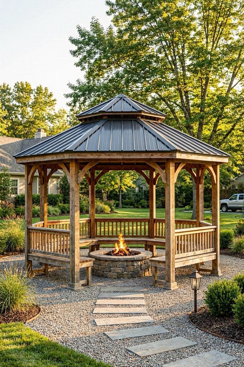 Octagonal wooden gazebo with bench seating around a central open fire pit on a gravel floor surrounded by mature trees