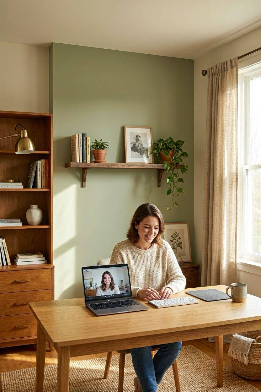 Open wall shelving styled with books and decor in a home office