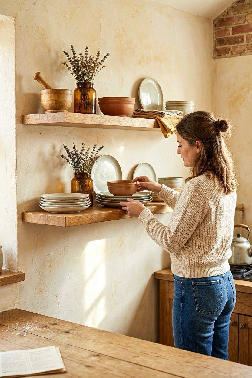 Open wood shelving displaying ceramic dishes in a rustic modern kitchen