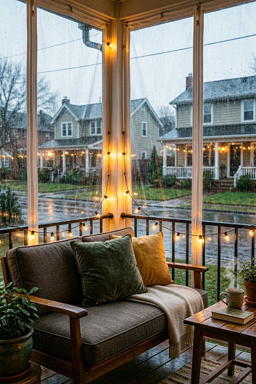 Outdoor curtains hung around a balcony for privacy and a cozy look