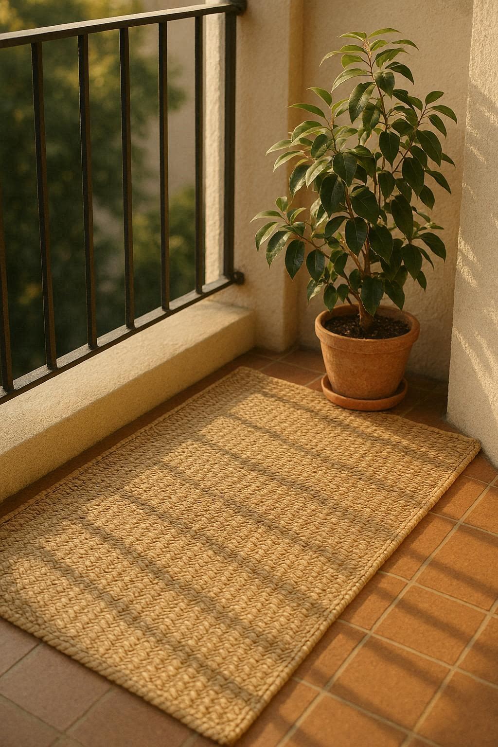 Weatherproof outdoor rug placed on small apartment balcony floor