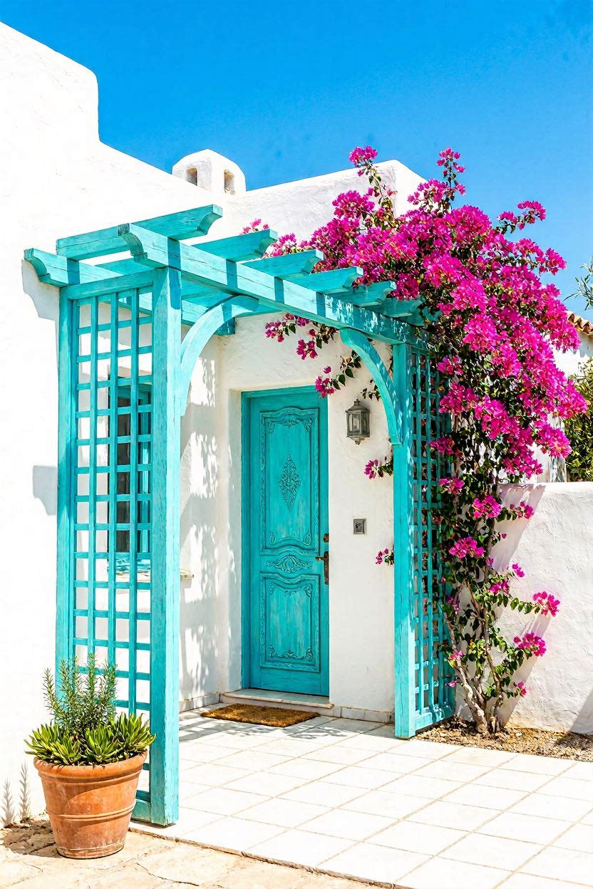 Turquoise painted wooden pergola trellis arch perfectly matching bright teal front door on a whitewashed Mediterranean-style home with bougainvillea