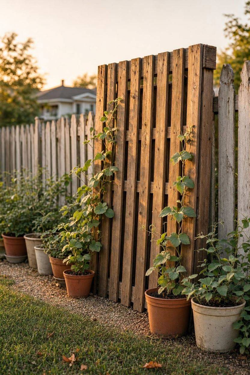 Repurposed wood pallet trellis with climbing plants