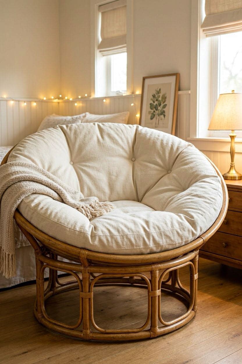 Papasan chair with cushion in a warm cozy USA bedroom