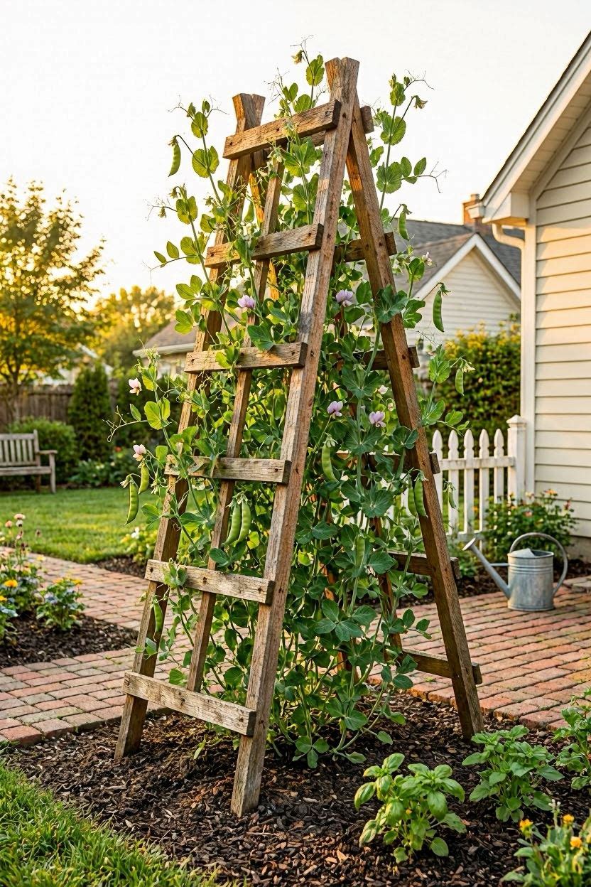 Tall wooden A-frame pea trellis in a lush backyard vegetable garden with climbing pea vines