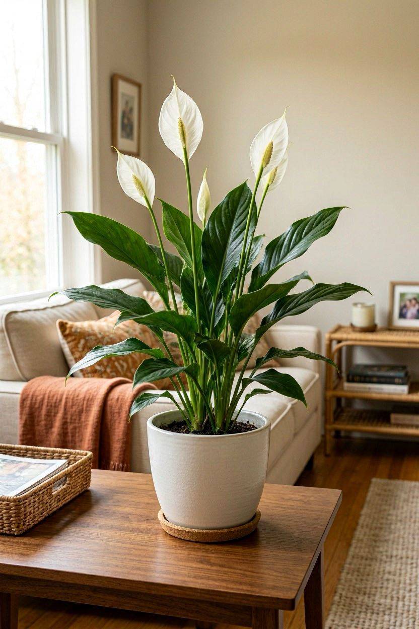 Peace lily with white blooms in a low light living room
