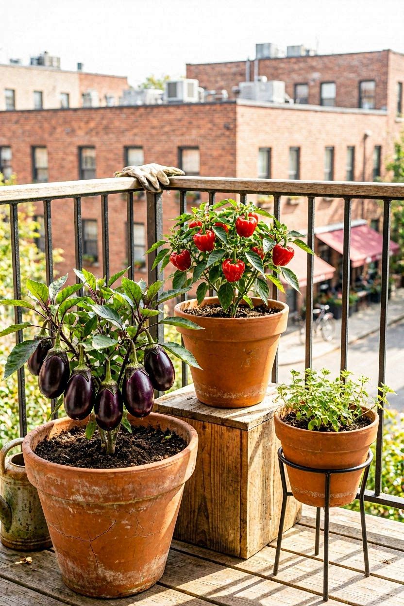 Colorful pepper plants in terracotta pots on a sun-drenched balcony with urban backdrop
