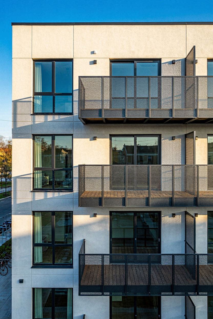 Perforated metal panel railing on modern apartment building balcony