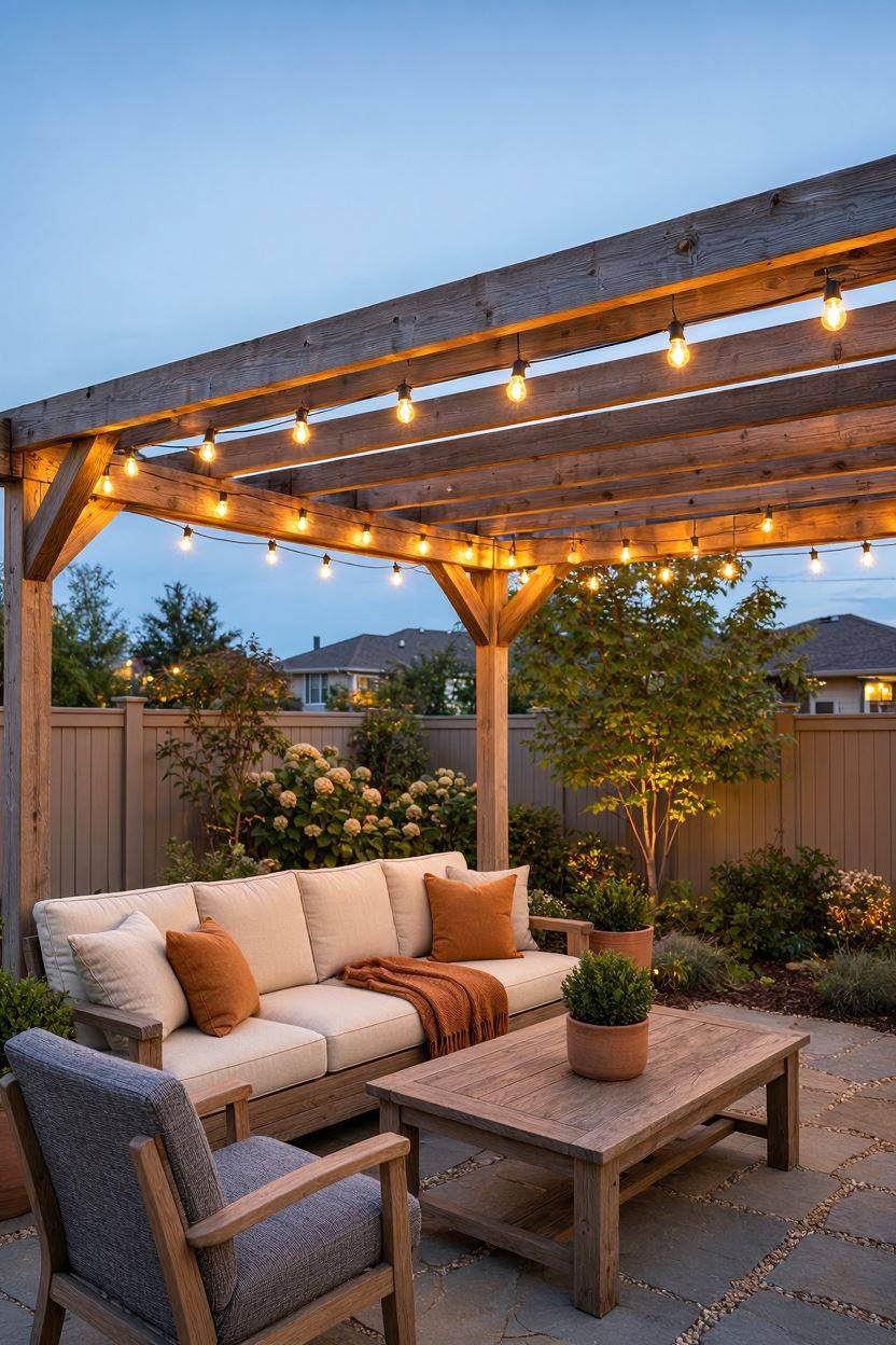 Pergola with warm string lights and built-in evening lighting