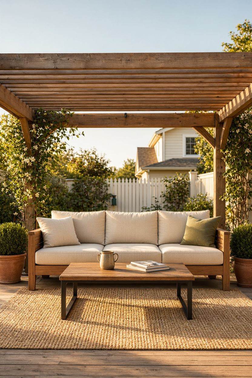 Pergola with outdoor lounge furniture, rug, and coffee table setup