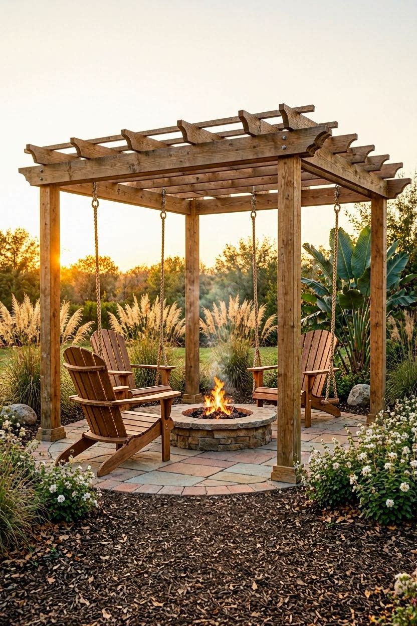 Wooden pergola with hanging swing bench chairs on rope, stone fire pit with glowing embers, mulch ground cover, and lush garden planting in the background at sunset