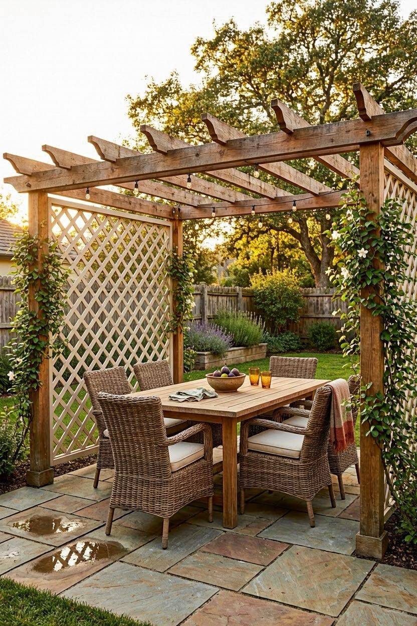 Pergola with trellis side panels over an outdoor dining set