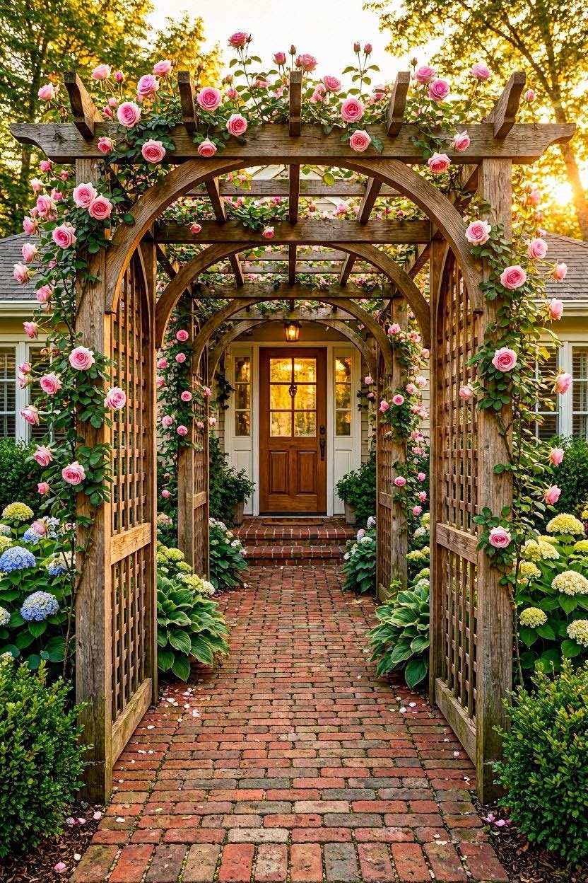 Romantic rose-covered wooden pergola walkway tunnel leading to front door of American home with pink climbing roses overhead and brick pathway