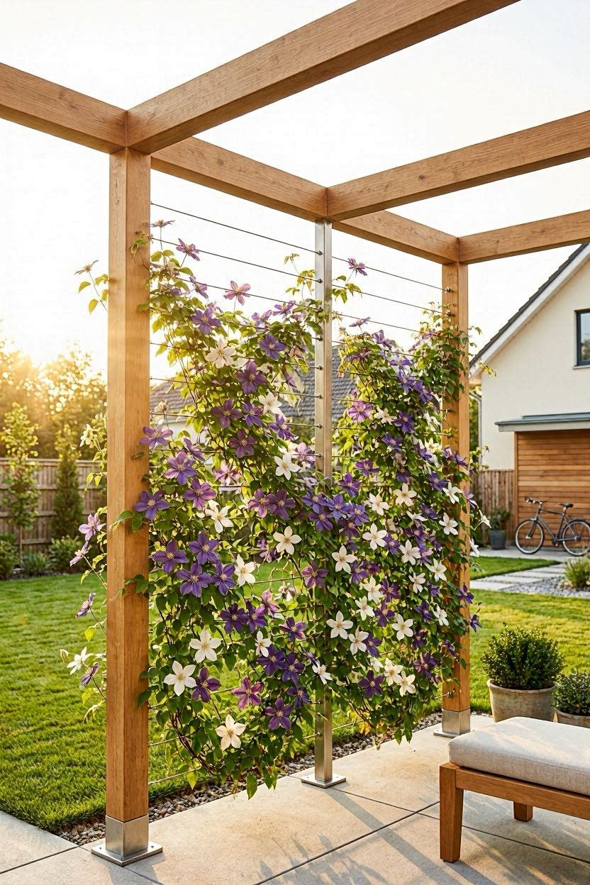 Stainless steel tension wires strung between pergola posts with clematis trained along wires creating a living wall of purple flowers