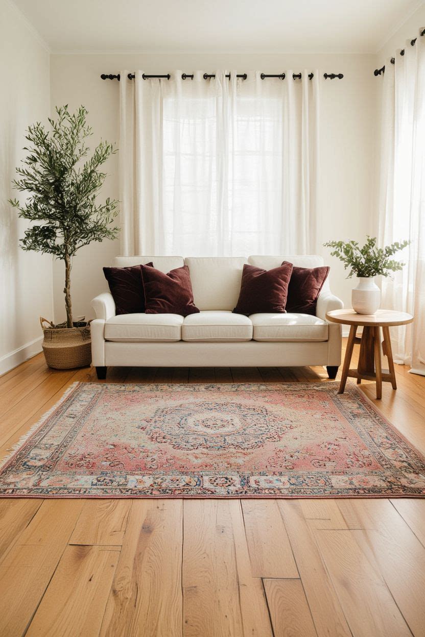 Persian pink rug with medallion pattern in a bright living room with cream sofa