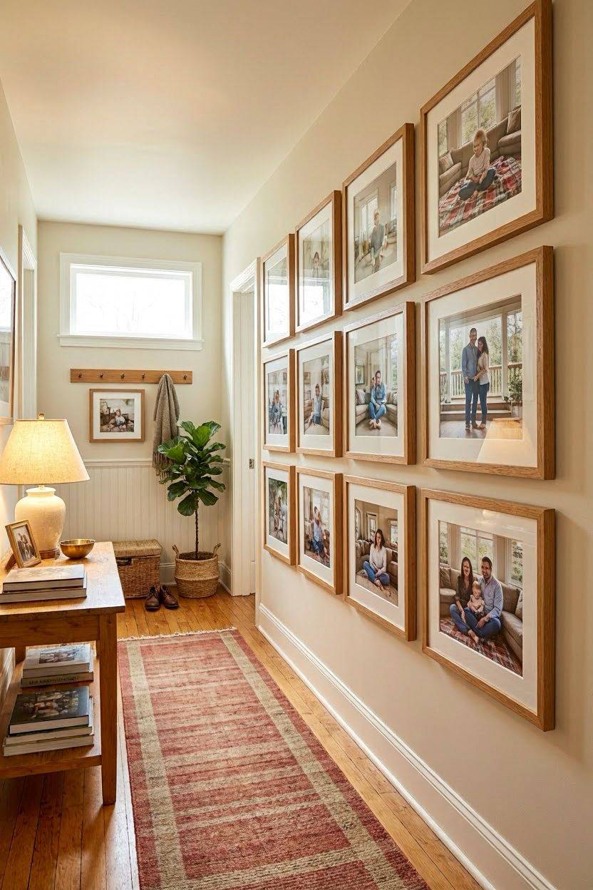 Personal photo gallery wall with matching wood frames in a cozy hallway
