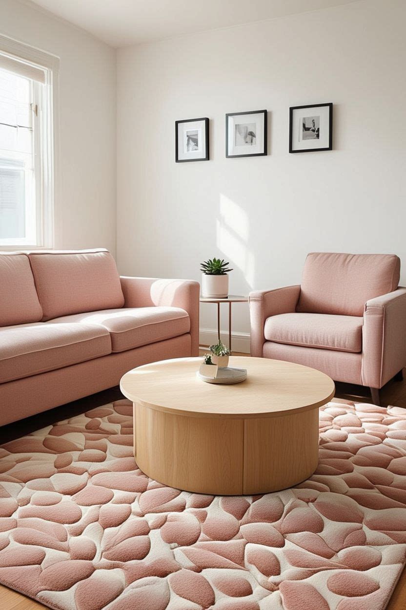 Petal pattern pink and cream rug in a Scandinavian style living room with pink sofa and wood furniture