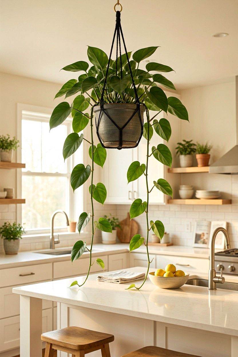 Long-trailing heart-leaf philodendron in a ceramic pot hanging from a ceiling hook in a modern white kitchen