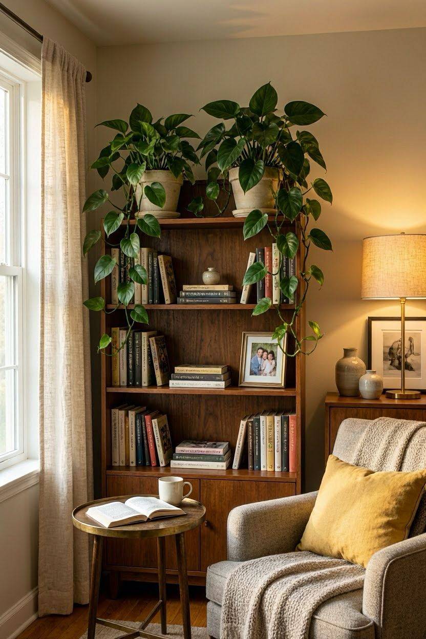 Heartleaf philodendron trailing on a bookshelf