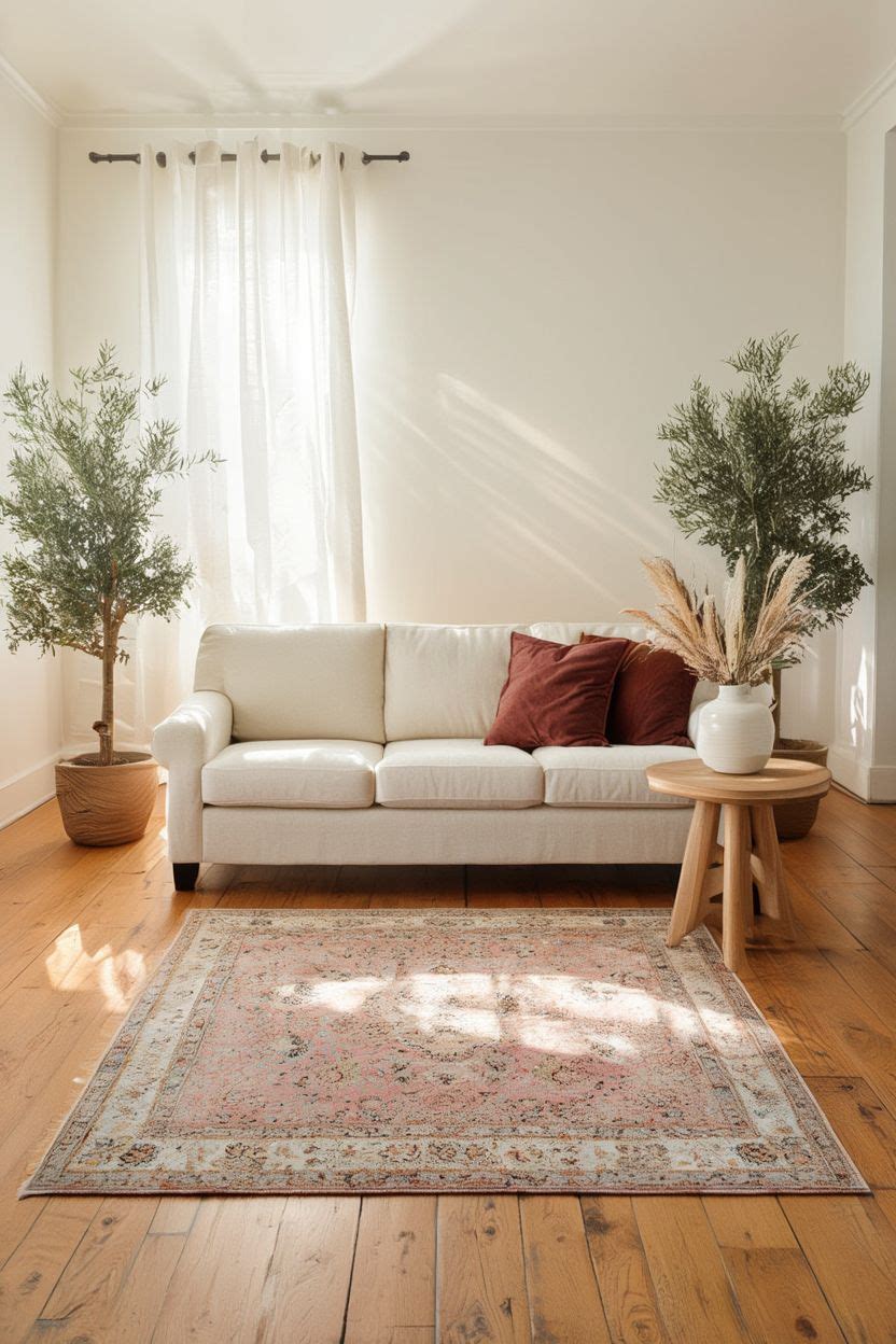 Pink Persian rug in a bright living room with cream sofa and wood accents